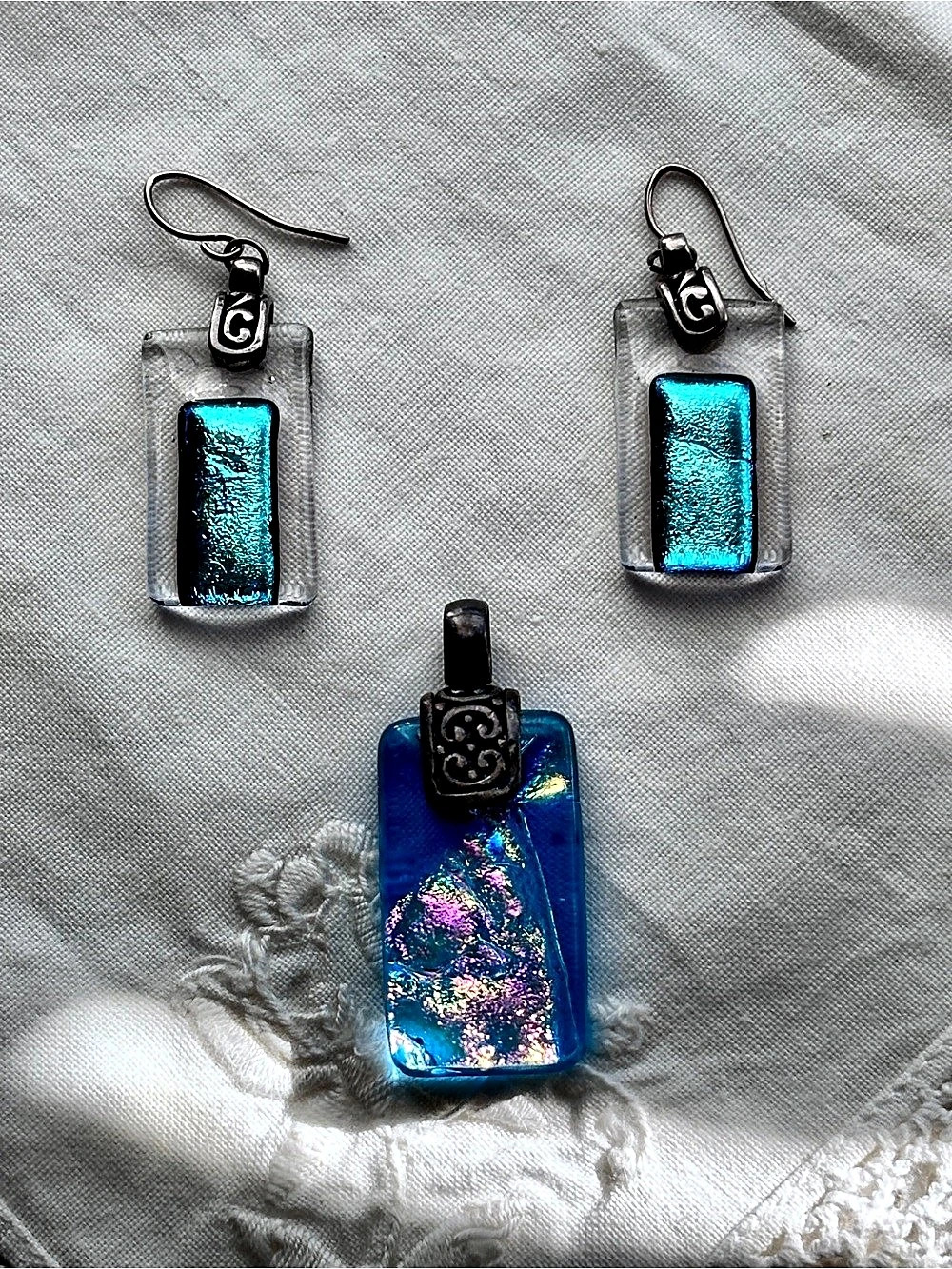 Blue & Silver Dichroic Glass Jewelry Set